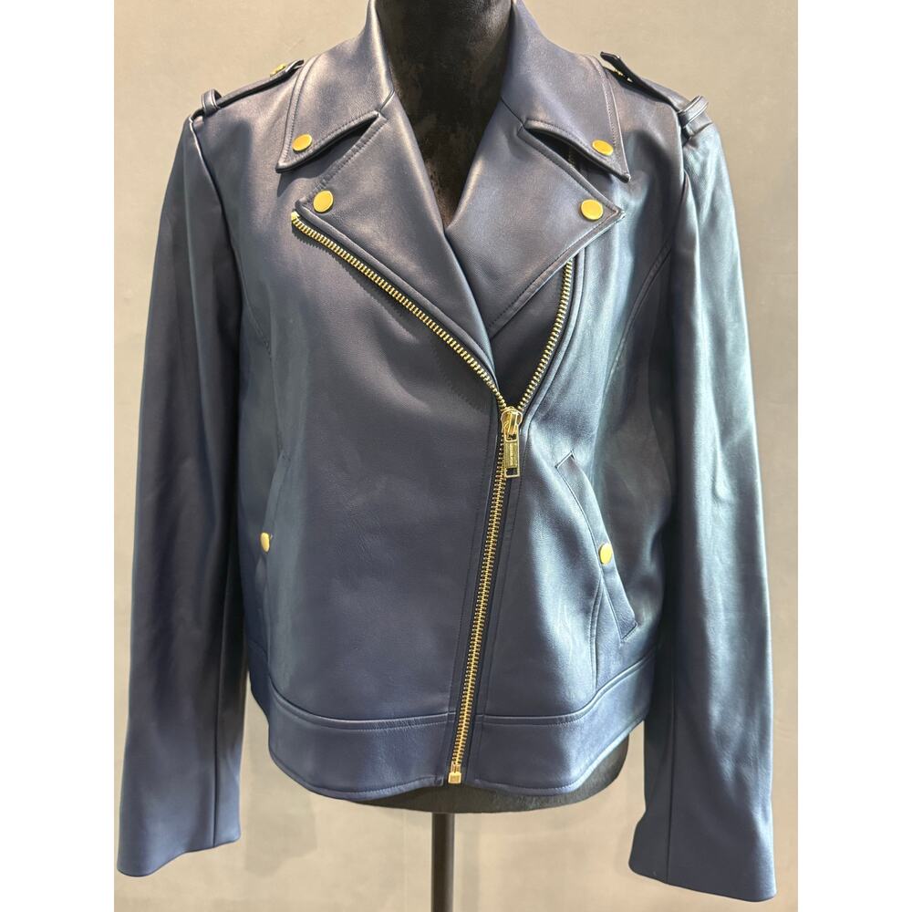 Michael Kors Navy & Gold Faux Leather Moto Jacket Size XL - Picture 2 of 8